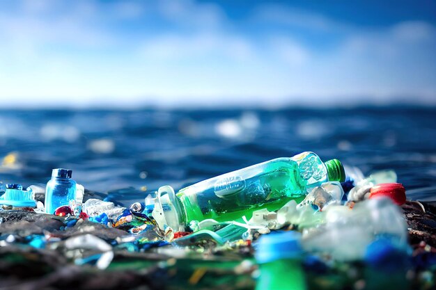 3D rendering problem plastic bottles and microplastics floating in the ocean.