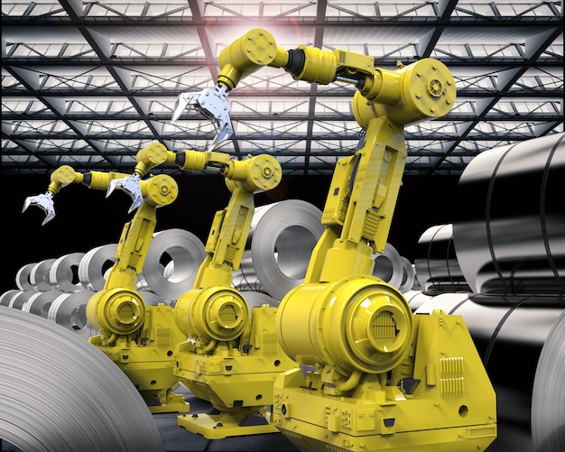 3d rendering robotic arms with roll of steel sheets in factory