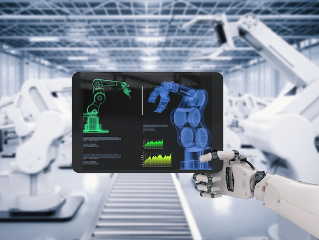 3d rendering robotic hand working with digital tablet