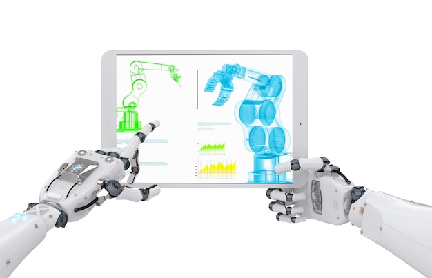 3d rendering robotic hand working with digital tablet
