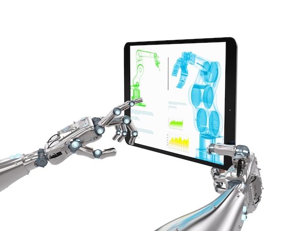 3d rendering robotic hand working with digital tablet