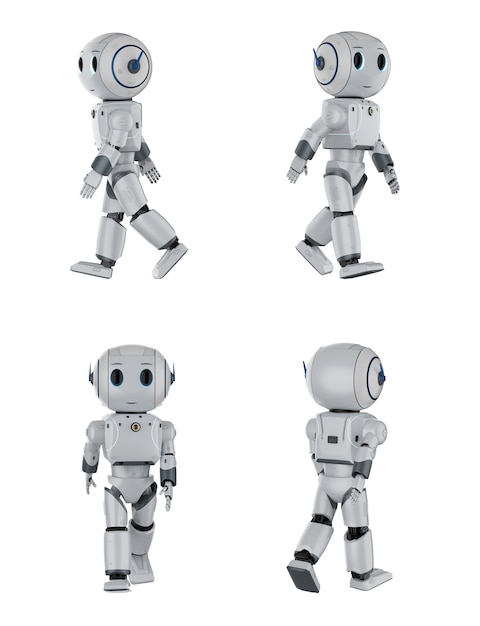 3d rendering set of cute artificial intelligence robots walk in four angles