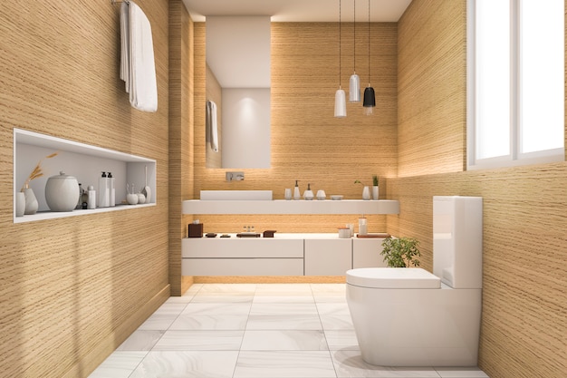 3d rendering spacious and beautiful toilet with white wood design