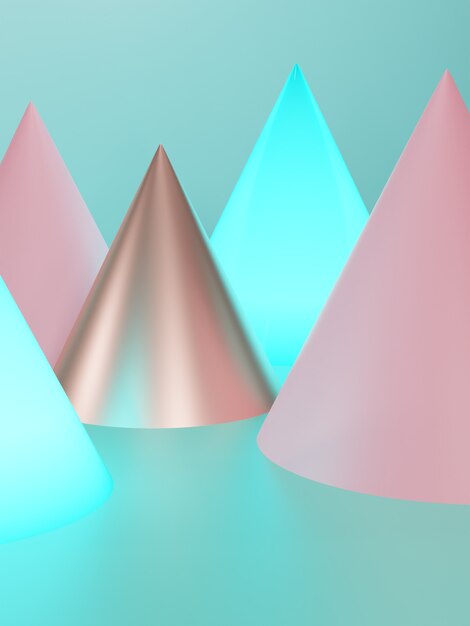 3D Rendering Studio Shot Seasonal or Festive Background with Minimal Pink Gold and Turquoise Glowing Cones for Beauty and Gadget Product Display
