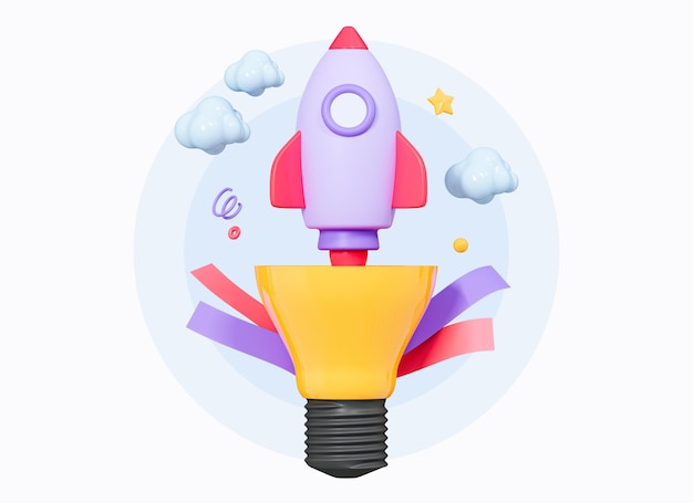 3D Startup and business idea concept rocket launches out of open light bulb