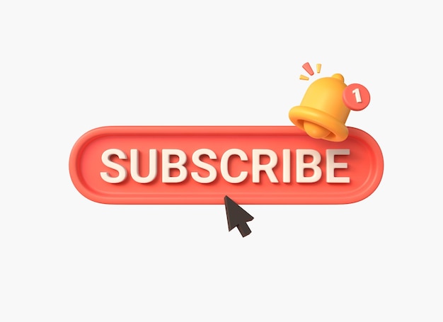 3d subscribe button bell and mouse pointer in cartoon style the concept of subscribing to a channel blog or newsletter illustration for marketing isolated on belmo background3d rendering