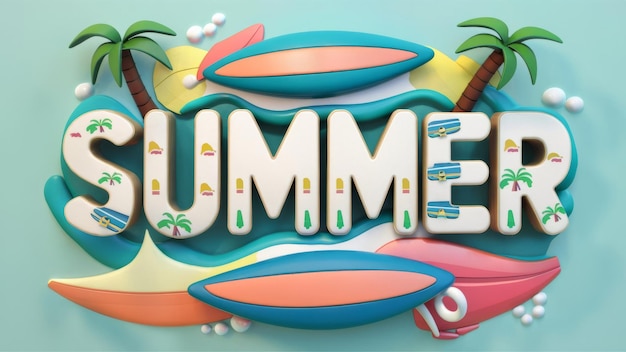 3d summer background with sea waves surfboards and palm trees