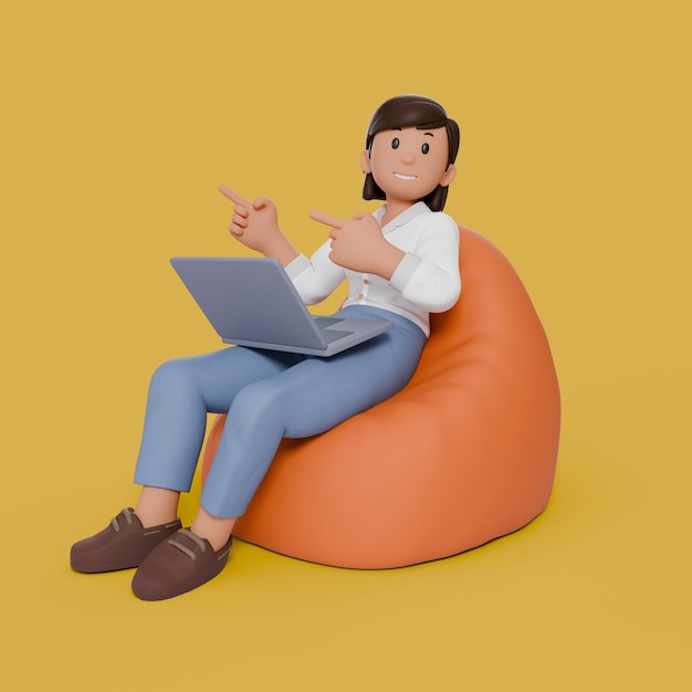 3d woman sitting on beanbag with her laptop on his thigh while pointing to right side