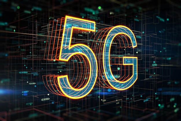 5G-nettverk internett mobilt trådløst forretningskonsept med perspektivvisning på lyse digitale symboler og hastighetsindikatorer på abstrakt teknologisk bakgrunn 3D-gjengivelse
