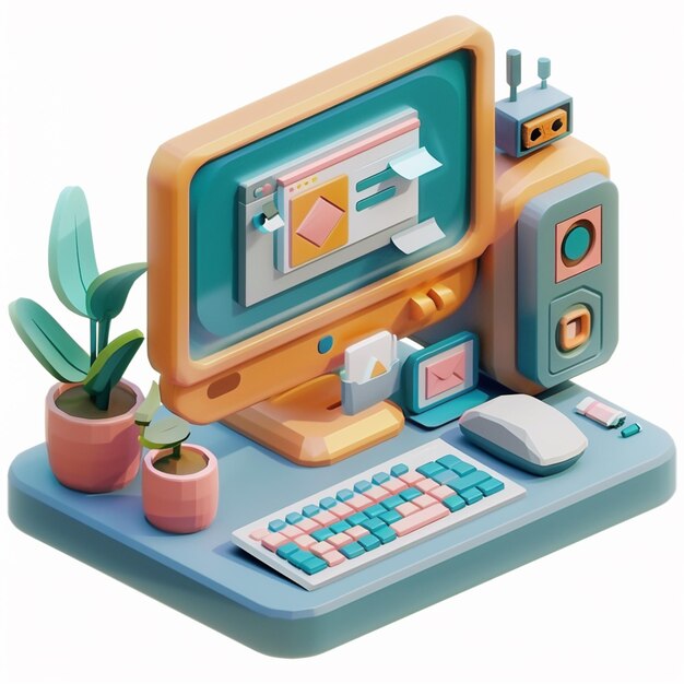 a 3d animation computer with a website isometric in the style of pixar transparent background c