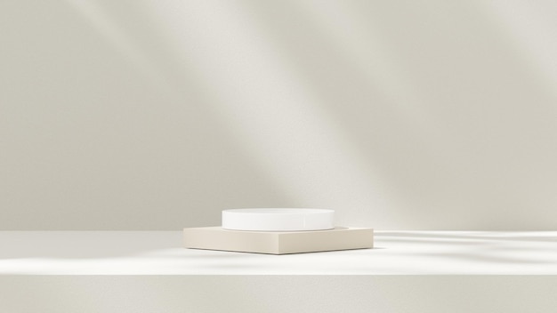 a 3d rendering of a product display podium set against a beige wall in a landscape orientation
