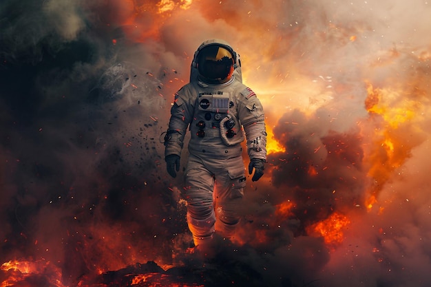 a astronaut walking in a fire