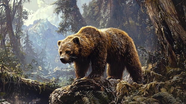 A bear stands majestically in a lush forest landscape
