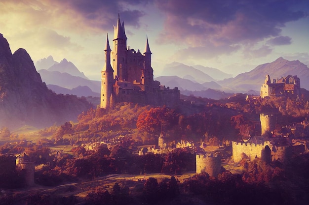 A beautiful valley old medieval fantasy town and castle concept art