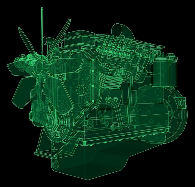 A big diesel engine with the truck depicted in the contour lines on graph paper. The contours of the green line on the black background.