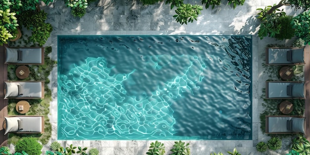 A birdseye view of a swimming pool nestled amidst lush greenery