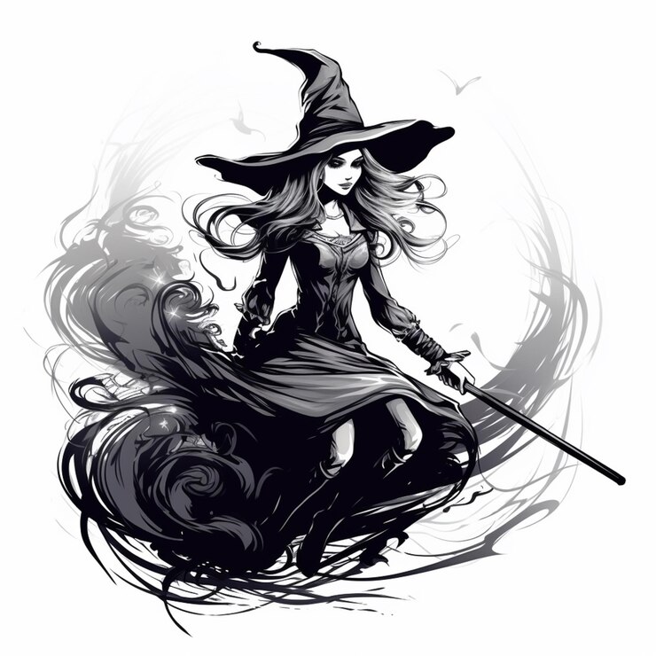 Foto a black and white drawing of a witch with a broom generative ai