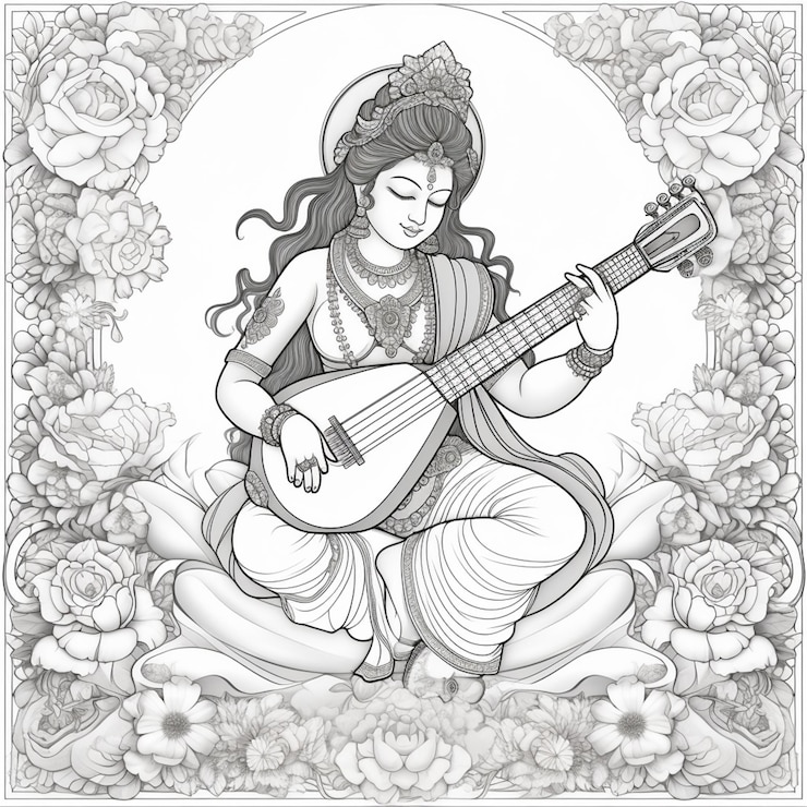 Foto a black and white drawing of a woman playing a guitar generative ai