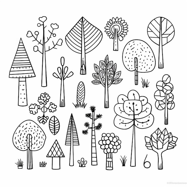 A black and white drawing of trees and plants generative ai