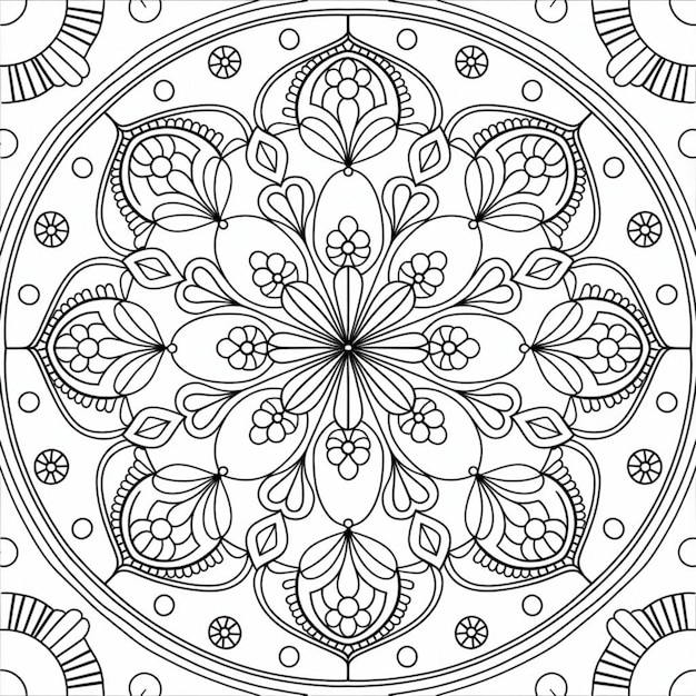 A black and white outline of a square mandala