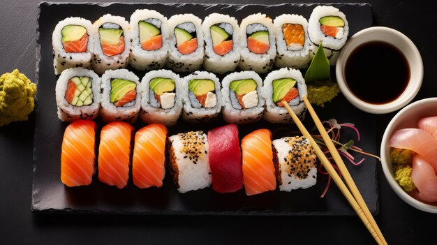 A black plate holds an array of colorful sushi topped with chopsticks ready to indulge