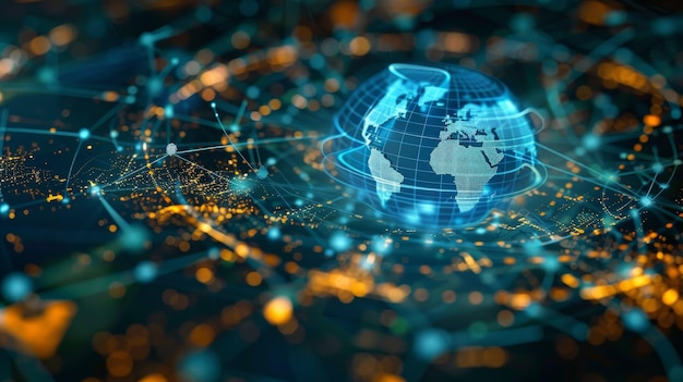 A blue and orange globe is surrounded by a network of lines The globe is the center of the image and