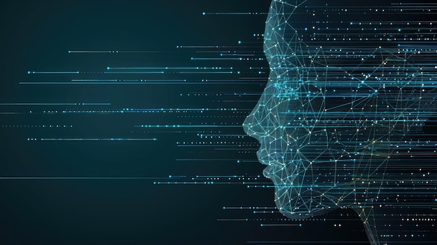 a blue digital human profile rendered in a side view with glowing lines extending out of the head and into the darkness