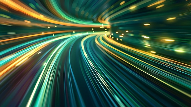 A blurry image of a road with a green line that is moving