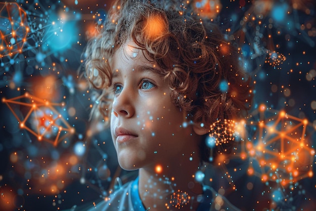 a boy with curly hair and a blue shirt is looking up at the sky