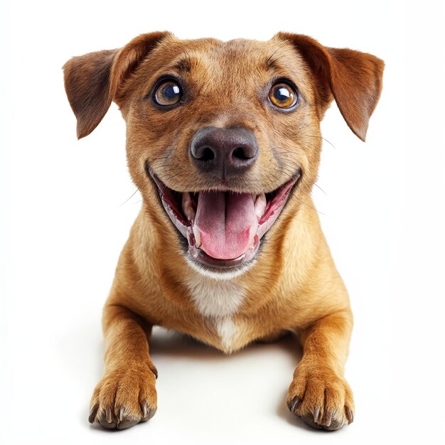 A brown dog laying down with its mouth open and tongue out