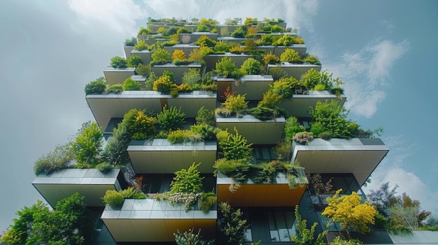 a building with a green roof and trees on the top
