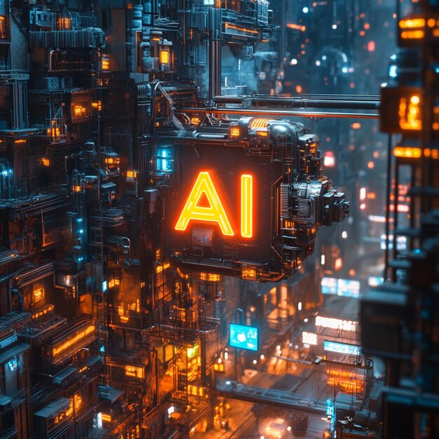 a building with a neon sign that says all on it generative IA