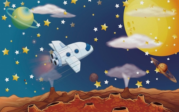 a cartoon illustration of a space shuttle and the moon