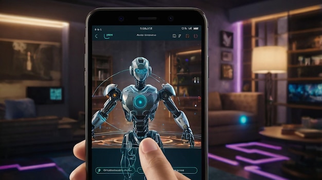 a cell phone with a robot on it and a screen showing a robot