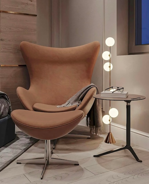 a chair with a magazine on it and a book on the table next to it
