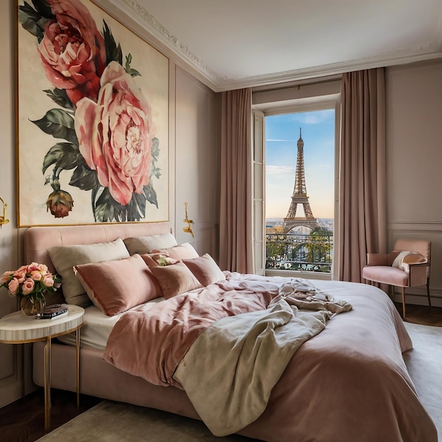 A chic bedroom with a stunning view of the Eiffel Tower