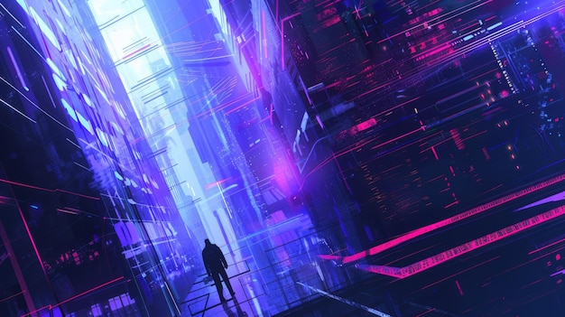 A cityscape at night with neon lights in blue and pink creating a futuristic atmosphere AIG62