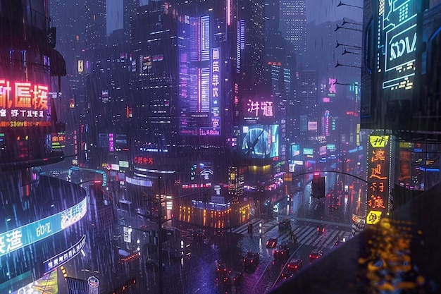 a cityscape with a lot of neon signs and a cityscape