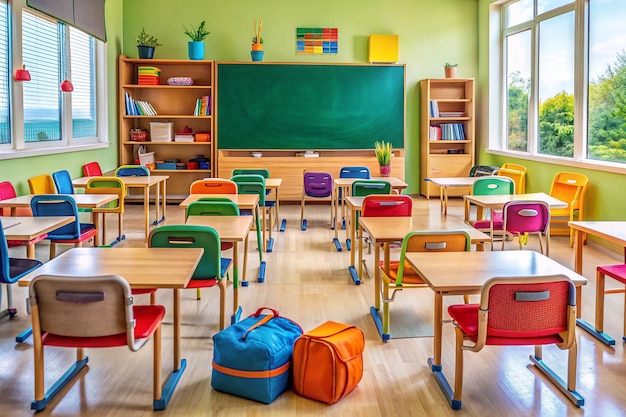 a classroom with many colorful desks and a green chalkboard