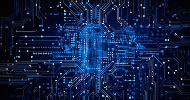 a close up of a computer circuit board with a blue light generative ai