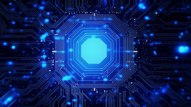 A close up of a computer circuit board with a blue light generative ai