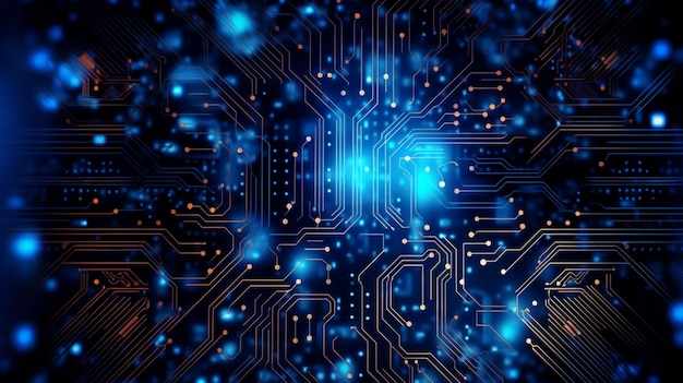a close up of a computer circuit board with blue lights generative ai