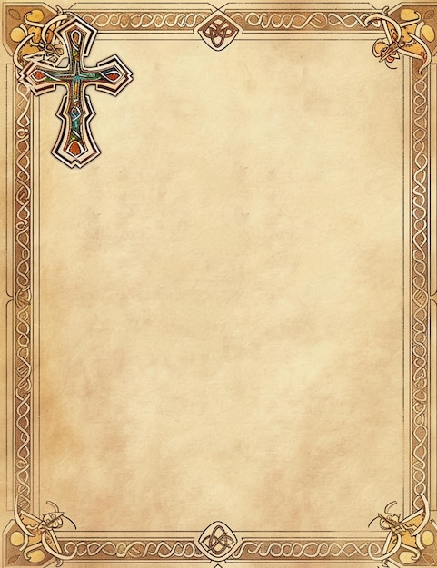 a close up of a cross on a parchment background with a border generative ai