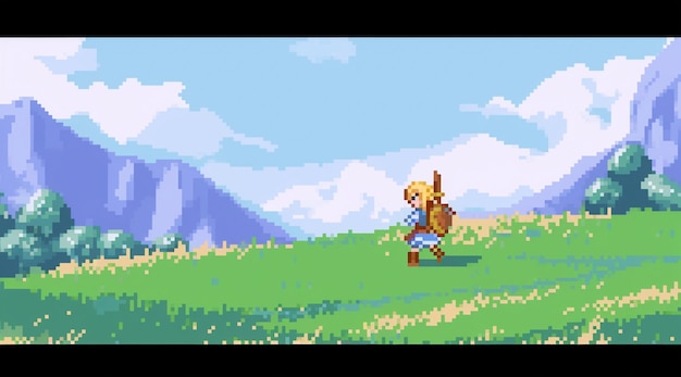 a close up of a pixel style video game with a person holding a sword generative ai