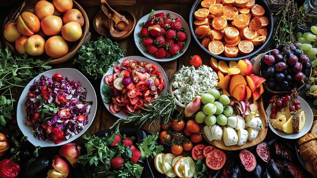 a closeup of a farmtotable feast showcasing the vibrant colors and textures of the fresh vegetables fruits and herbs