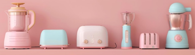 A collection of 3D pastel small appliances electric kettle toaster and mixer in a clay render style