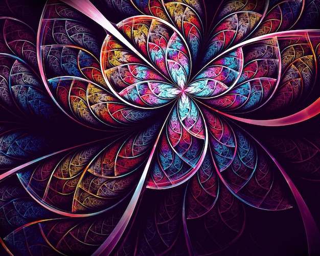 a colorful abstract design with a flower in the center.