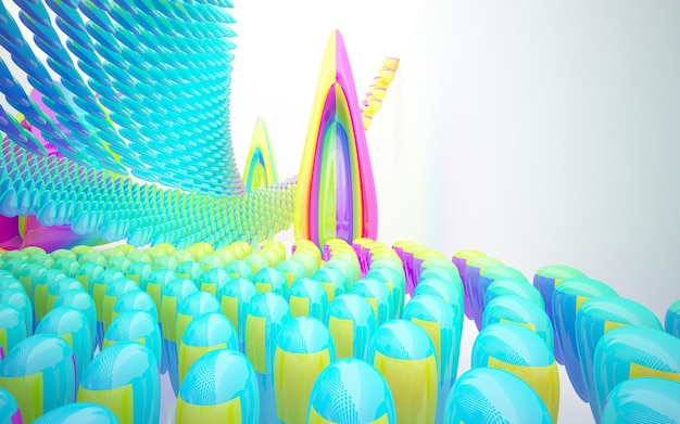 A colorful image of a building with a large number of balloons in the center.