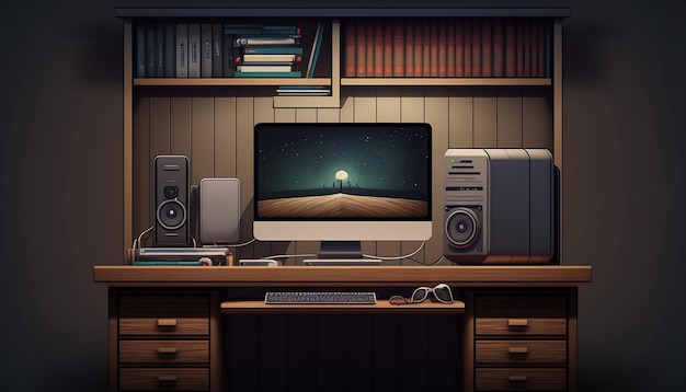 a computer desk with a computer screen and a moon on it.