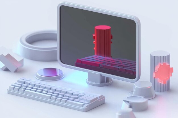 a computer monitor with a red keyboard and a keyboard with a red top